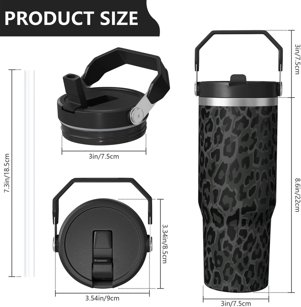30oz Insulated Leopard Tumbler with Handle,Featuring a Leak-proof 2-in-1 Lid and Straw,a Vacuum-insulated Travel Coffee Mug,Portable Stainless Steel Water Bottle,Suitable for Both Women and Men