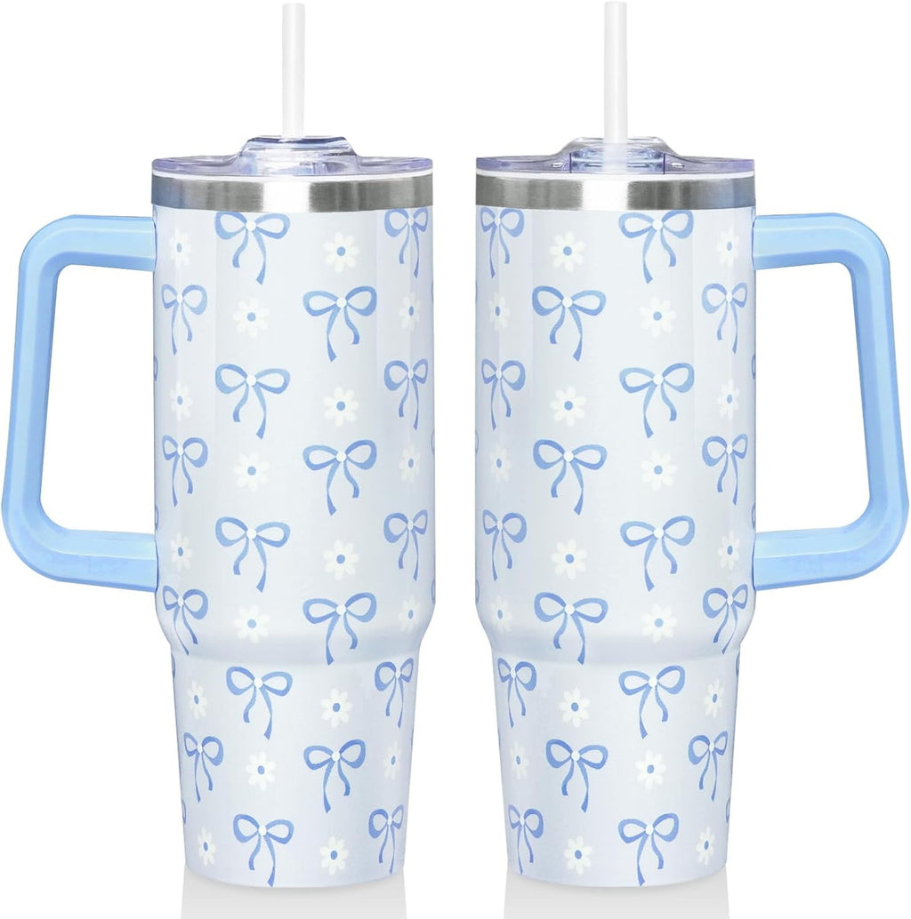 30 Oz Blue Bow Tumbler with Handle and Straw, Insulated Stainless Steel Coffee Travel Cup Mug Water Bottle, Blue Bow Themed Gifts for Women Teen Girl