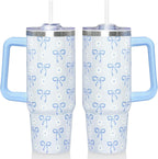 30 Oz Blue Bow Tumbler with Handle and Straw, Insulated Stainless Steel Coffee Travel Cup Mug Water Bottle, Blue Bow Themed Gifts for Women Teen Girl