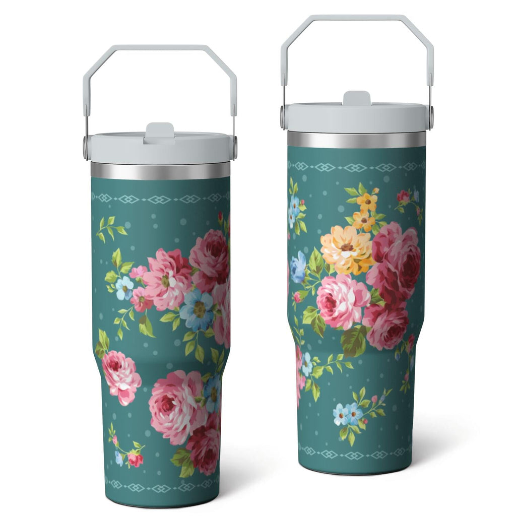 30oz Pioneer Colorful Floral Stainless Steel Flip Straw Tumbler with Lid and Straw Spill Proof Travel Cup Double Wall Vacuum Insulated Coffee Mug with Top Handled White