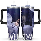 40oz Wednesday Girl Stainless Steel Tumbler with Lid and Straw,Wednesday Stuff Merchandise Spill Proof Travel Cup Double Wall Vacuum Insulated Coffee Mug with Handle Black