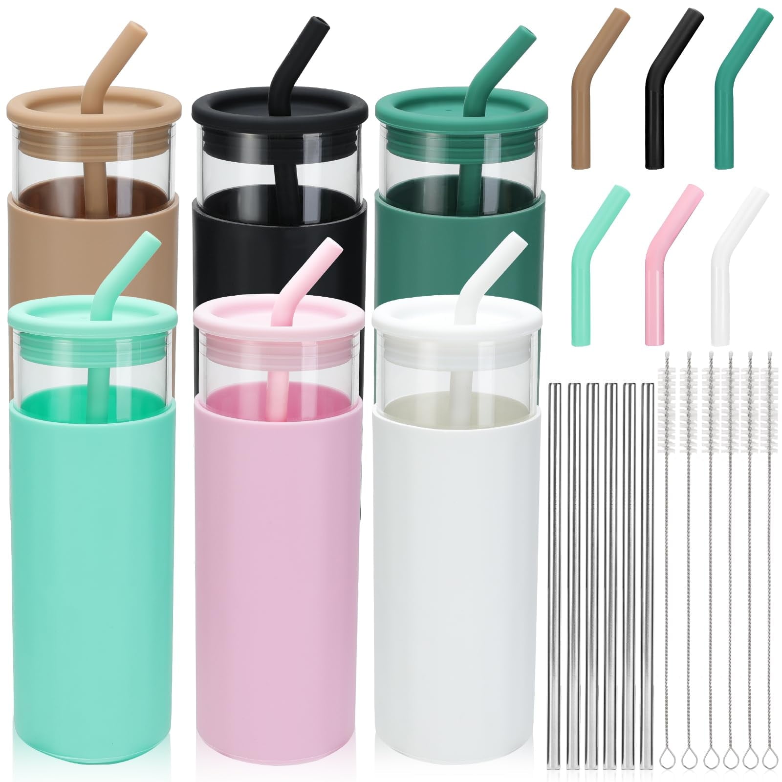 6 Pack Drinking Glasses with Silicone Lids and Glass Straw, 16 Oz  Ice Coffee Glass Cups, Smoothie Cups, Cute Tumbler Cup Great for Beer Water Outdoors(Include 6 Cleaning Brushes)