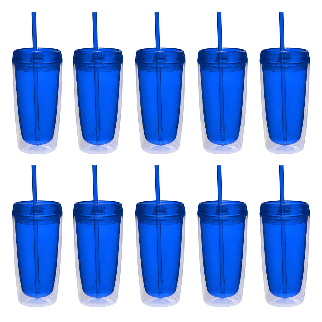 Double Wall Acrylic Tumblers 16 oz. Set of 10, Bulk Pack - BPA Free, Perfect for Iced Coffee, Soda, Other Hot & Cold Beverages - Blue