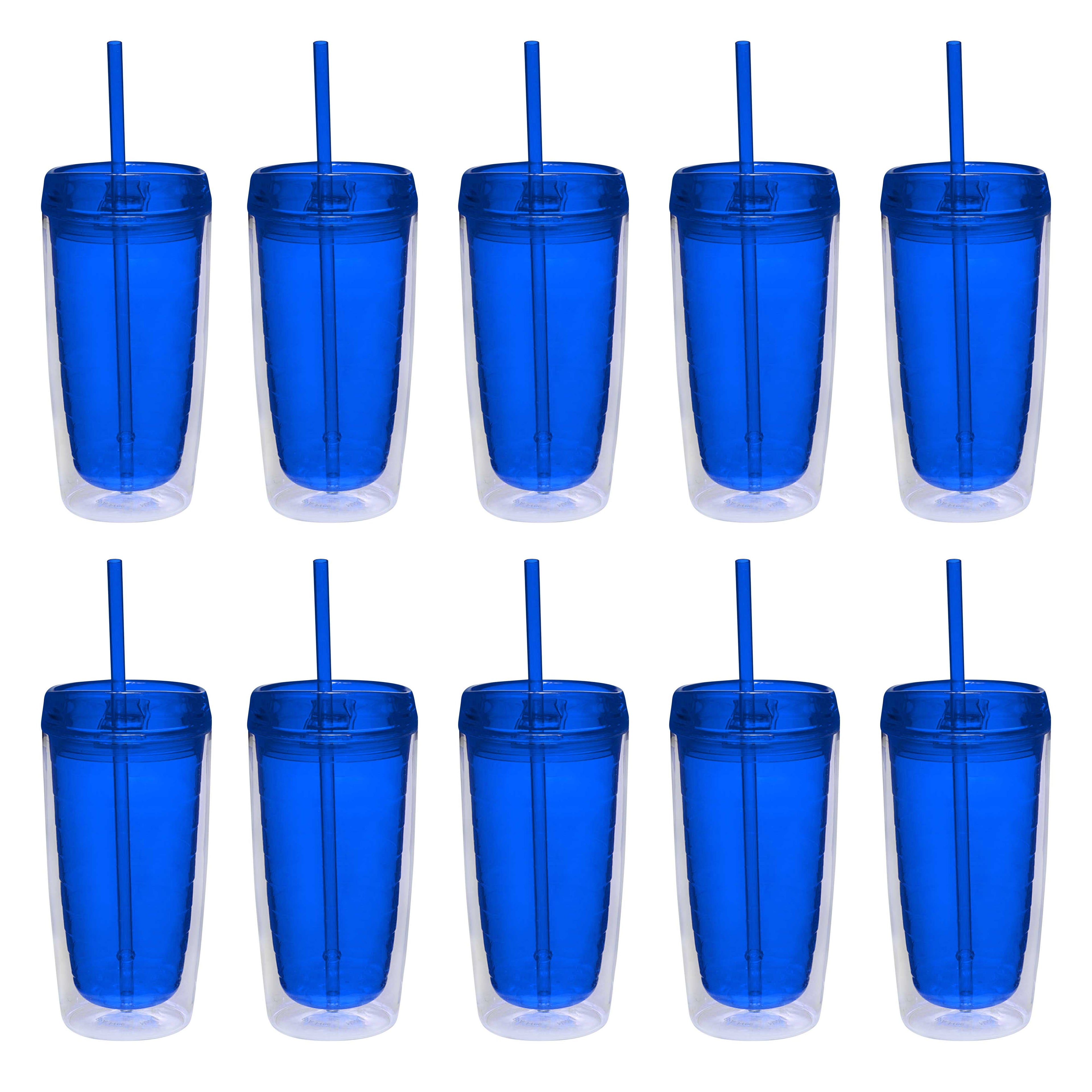 Double Wall Acrylic Tumblers 16 oz. Set of 10, Bulk Pack - BPA Free, Perfect for Iced Coffee, Soda, Other Hot & Cold Beverages - Blue