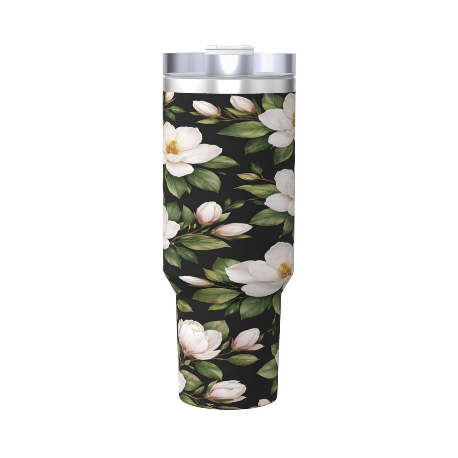 White Magnolia Floral Cup Insulated Tumbler Stainless Steel Vacuum Travel Mug 40 oz with Handle and Straw Lid