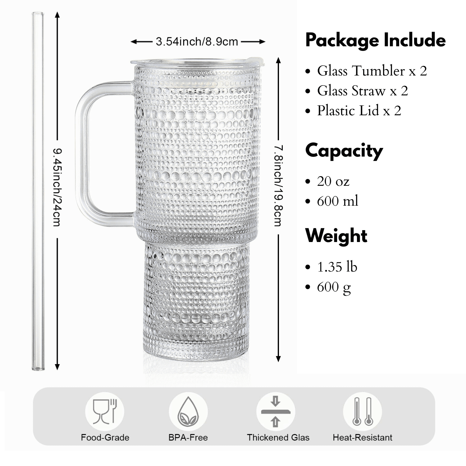 26oz Drinking Glasses with Handle & Lid – 2-Pack Large Iced Coffee Cups with Straws, Modern Glass Tumbler for Cold & Hot Beverages, Aesthetic Travel Cup for Smoothies, Tea, and Juice