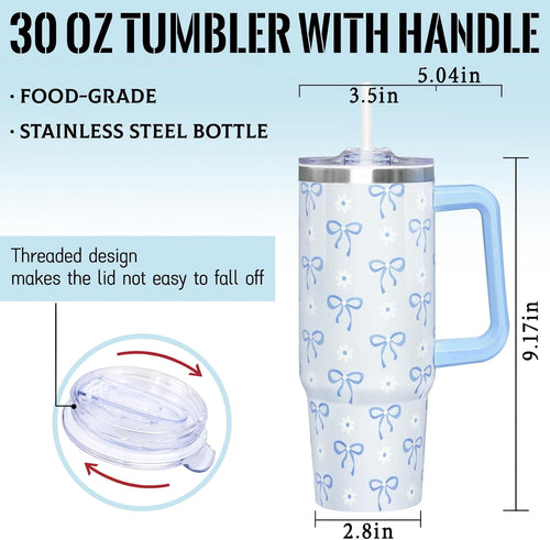 30 Oz Blue Bow Tumbler with Handle and Straw, Insulated Stainless Steel Coffee Travel Cup Mug Water Bottle, Blue Bow Themed Gifts for Women Teen Girl