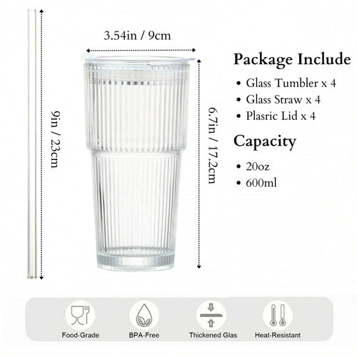 20 oz Clear Ribbed Glass Tumbler with Lid and Straw, Spill-proof Iced Coffee Cups, Hobnail Drinking Set of 4, Vintage Glassware